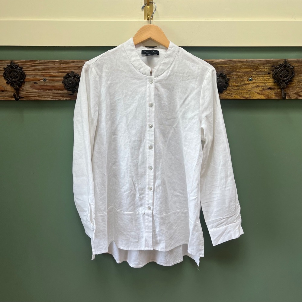 Tahari Womens White Linen Blend Mandarin Collar Button Up Blouse‎ Size Medium